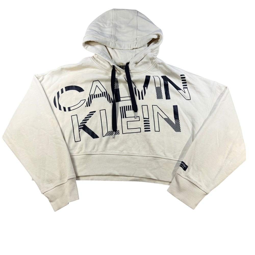 Calvin Klein Women Hoodie Cropped Logo Graphic XL Cream Bleach Wash Cotton Blend